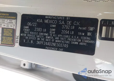 2022 Kia Forte Lxs from USA, damaged, VIN 3KPF24AD2NE503749